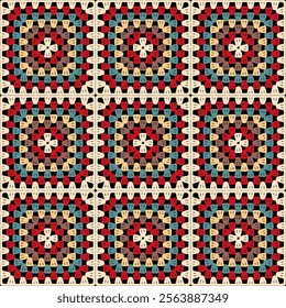 Pattern with crochet granny square wallpaper handmade decorative art design print
