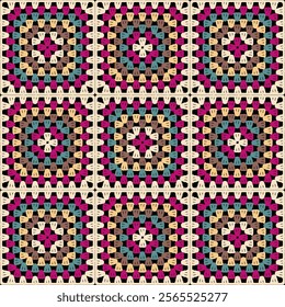 Pattern with crochet granny square wallpaper handmade decorative art design print