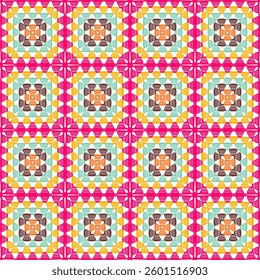 Pattern with crochet granny square wallpaper handmade decorative art design print