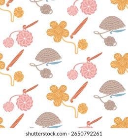 Pattern with crochet items. Napkin, flower, hat, hook. Skein of yarn. Cozy atmosphere. handmade. Seamless flat color texture. Postcards, packaging, social media posts, themes of care and coziness