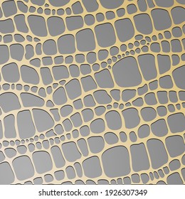 Pattern with crocodile or alligator print. Design in gray and gold color. Animalistic vector background.