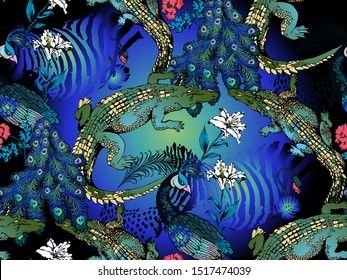 Pattern of crocodile and peacock. Vector illustration. Suitable for fabric, wrapping paper and the like