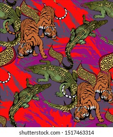 Pattern of crocodile and tiger. Vector illustration. Suitable for fabric, wrapping paper and the like