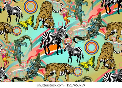 Pattern of crocodile, zebra and tiger. Vector illustration. Suitable for fabric, wrapping paper and the like