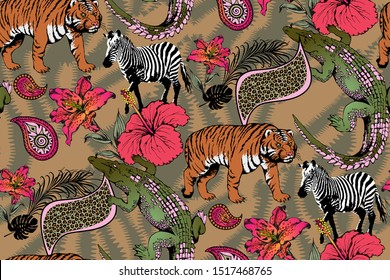 Pattern of crocodile, zebra and tiger. Vector illustration. Suitable for fabric, wrapping paper and the like