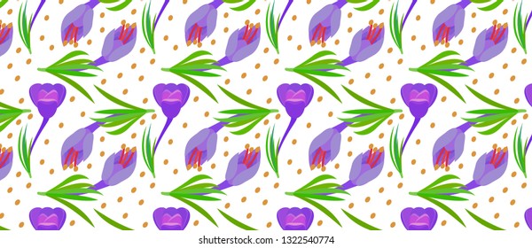 pattern with Crocus and yellow circles  Violet flowers with green leaves. Spring flowers