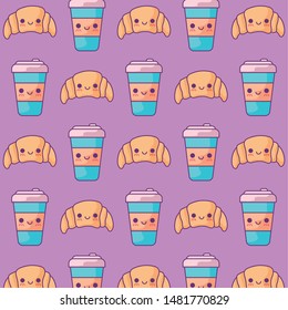 pattern of croissant breads with drinks kawaii style