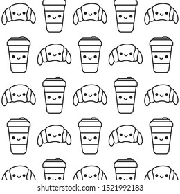 pattern of croissant breads with drinks kawaii style vector illustration design