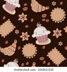 pattern croissant,muffin, coffee and cookies on a brown background.