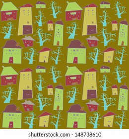 Pattern with crooked houses and trees.Vector.