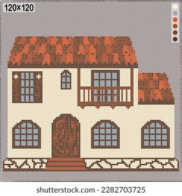 Pattern for cross stitch or knitting -   house with a tiled roof and lattice windows
