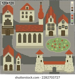 Pattern for cross stitch or knitting -   houses and towers of an ancient European city
