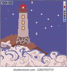 Pattern for cross stitch or knitting -   lighthouse at night on a rock by the sea
