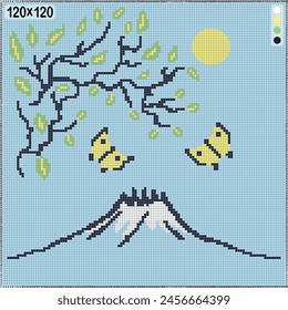 Pattern for cross stitch or knitting - summer landscape with Fuji and tree branch vector image