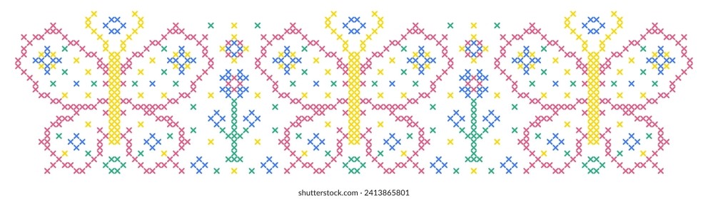  Pattern in cross stitch style  with flowers and butterflies.