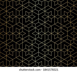 Pattern with crossing gold lines, rhombs and polygons. Stylish abstract geometric diamond texture in light color. Seamless linear pattern for textile, fabric, wrapping. Black swatch for design.