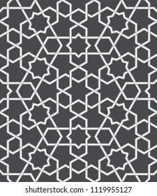 Pattern with crossing lines and geometric shapes. Seamless linear swatch. Stylish fractal texture. Abstract Arabic background. Islamic lattice.