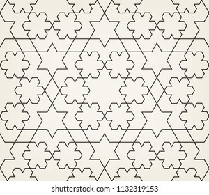 Pattern with crossing lines and geometric shapes. Seamless linear swatch. Stylish fractal texture. Abstract Arabic background. Islamic lattice.