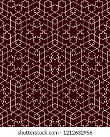 Pattern with crossing lines and geometric shapes. Seamless linear swatch. Stylish fractal texture. Abstract Arabic background. Islamic lattice.