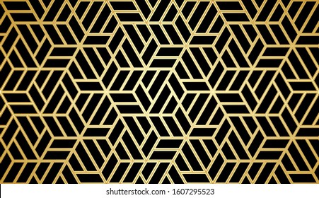 Pattern with crossing thin gold lines and polygons on black. Seamless linear rapport. Stylish fractal texture. Vector Art Deco pattern to fill the background, laser engraving.