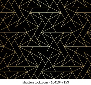 Pattern with crossing thin gold lines, rhombs and polygons. Stylish abstract geometric diamond black texture. Seamless linear pattern for fabric, textile and wrapping. Modern swatch for design.