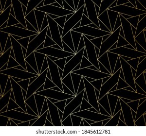 Pattern with crossing thin golden lines and geometric shapes. Seamless abstract spiderweb background. Modern abstract geometric design for textile and wrapping. Stylish vector black texture.