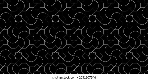 Pattern with crossing thin grey lines, stars and polygons on black background. Vector abstract geometric diamond texture. Seamless linear pattern for textile fabric wrapping. Background for design.