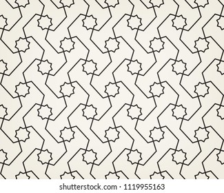 Pattern with crossing thin lines and geometric shapes. Seamless linear swatch. Stylish fractal texture. Abstract arabic monochrome  background.
