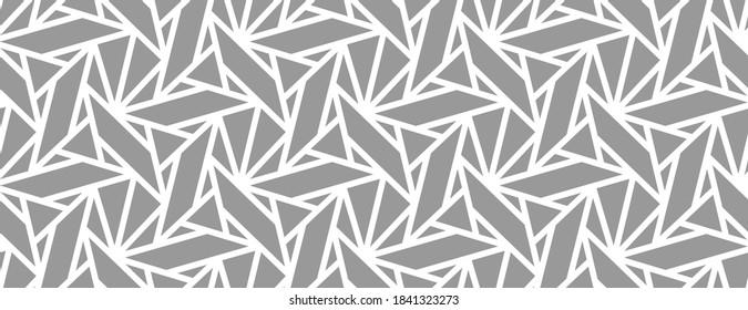 Pattern with crossing thin white lines and geometric shapes on black Grey background. Seamless abstract geometric ornament. Modern decorative design for textile and wrapping.