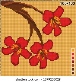 pattern for  cross-stitch or knitting  a branch with large red  bombax flowers