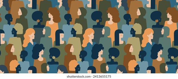 Pattern crowd beauty young women, trendy seamless background. Pattern diverse stylish woman different nationalities, races, ethnicity. Background woman, graphic seamless pattern. Vector Illustration