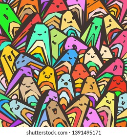 Pattern of a crowd of many different faces. Coloring pages, prints, designs. Not seamless abstract vector pattern.