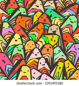 Pattern of a crowd of many different faces. Coloring pages, prints, designs. Not seamless abstract vector pattern.