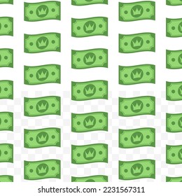 Muster der Kronbanknoten auf transparentem Hintergrund mit Mini-Doodle (Symbol) und grüner Farbe. Vektorgrafik