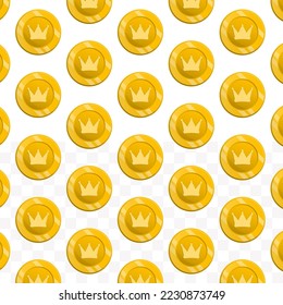 Pattern of Crown coins on transparent background with mini doodle (icons) and gold color. Vector Illustration