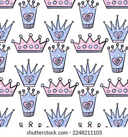 Patrón con coronas.  Impresión de color. Iconos ilustraciones vectoriales. Conjunto de texto en diferentes colores y tipos. El amor romántico de San Valentín 