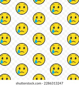 Pattern of cry emoticons in transparent background. 8-bit pixel art backdrop. Vector illustration. Vector Illustration