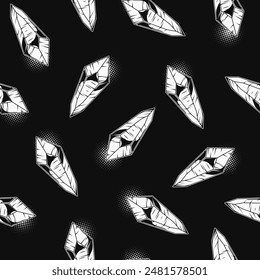 Pattern with crystal gems on dark background. Magical, glowing minerals. Fantasy, mystical concept. Black and white monochrome illustration in vintage style