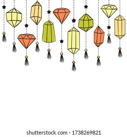 Patrón de cristales suspendidos en cadenas. Gemas hechas a mano, diamantes, diamantes, esmeraldas y rubíes. Ilustración vectorial para joyería, bijouterie, magia y milagro.