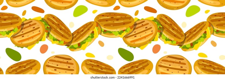 A pattern with Cuban arepas buns with stuffing and colored spots. Latin American cuisine. Local hamburger, pastries. Background for use in marketing. Packaging