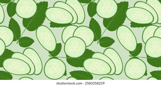 Pattern with cucumber slices and mint sprigs. For backgrounds, textiles, tablecloths, kitchen, wallpaper, packaging. Vector image.