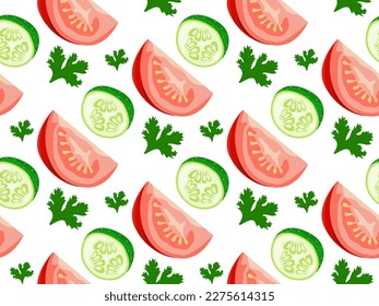 Pattern with cucumber, tomato and parsley. Seamless pattern in vector. Realistic image of vegetables.