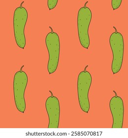 Pattern with cucumbers on an orange background. Vegetable bright rutter with cucumbers, hand drawn vector illustration