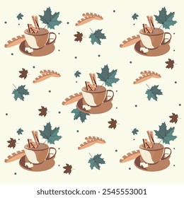 Pattern with a cup of coffee and chocolate. Autumn theme. Vector image. Green and autumn leaves of trees and cookies