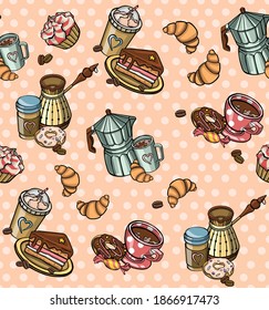 Pattern with cup of coffee, croissants illustration