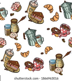 Patrón con taza de café, croissants adorno ilustración