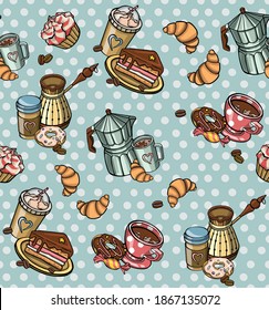 Pattern with cup of coffee, croissants ornament illustration