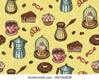 Pattern with cup of coffee, croissants ornament illustration