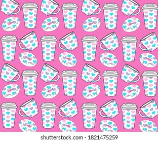 pattern with cup of coffee tea and donuts