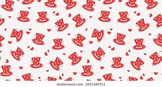 Pattern Cup of coffee, tea. Hearts, Valentine's Day. Drinks, dishes. Doodle style. Vector graphics. Seamless background.